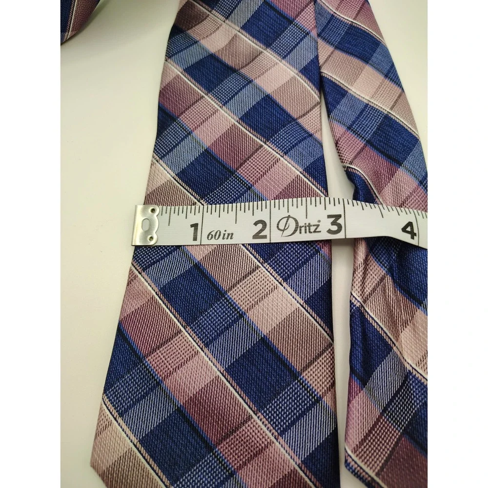 Punto Uomo Platinum Men's Silk‎ Blend Plaid Necktie Blue Pink Tan